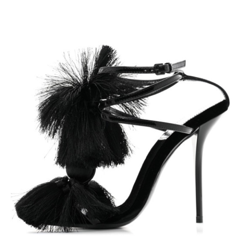 YSL Vernice Chiffon Tassel Embellished Pierre Pon Pon 110 Sandals - Picture 10 of 10